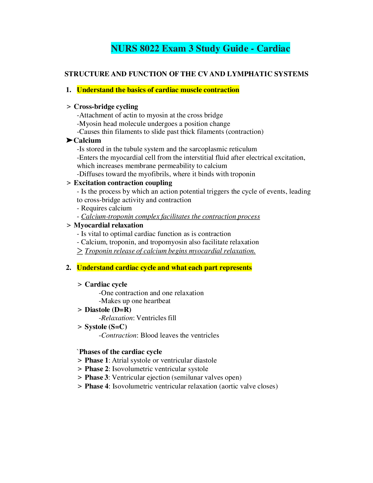 Preview of NURS 8022 Exam 3 Study Guide - Cardiac